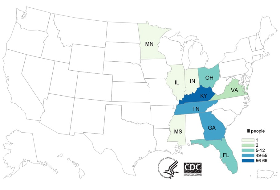 Map of United States - People infected with the outbreak strain of E. coli, by state of residence, as of May 9, 2019