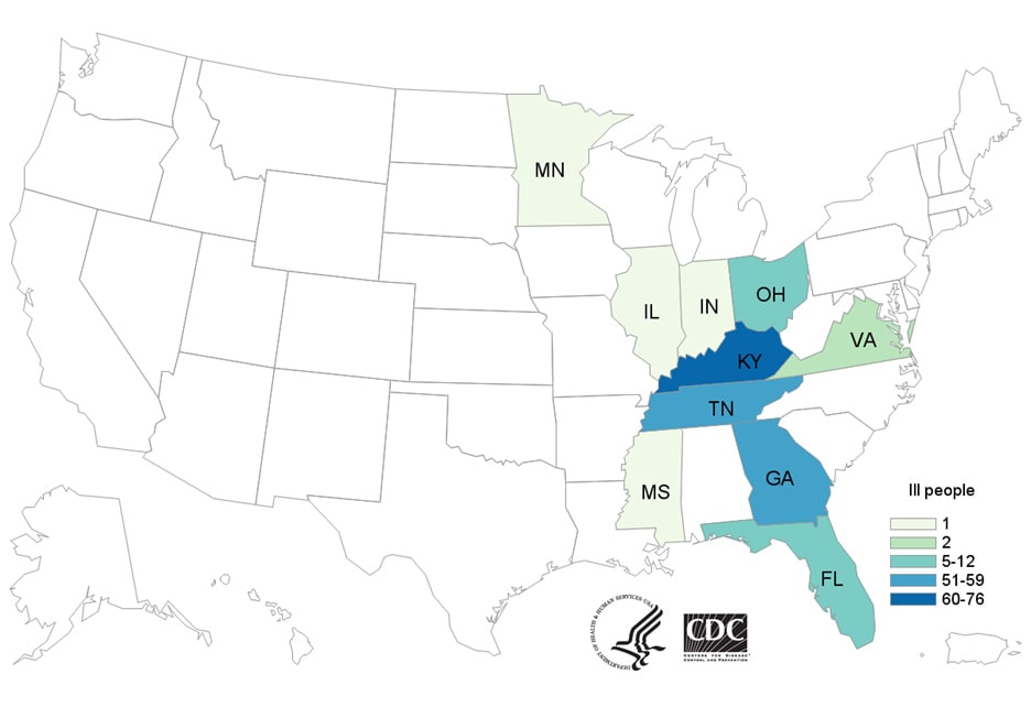 Map of United States - People infected with the outbreak strain of E. coli, by state of residence, as of June 17, 2019