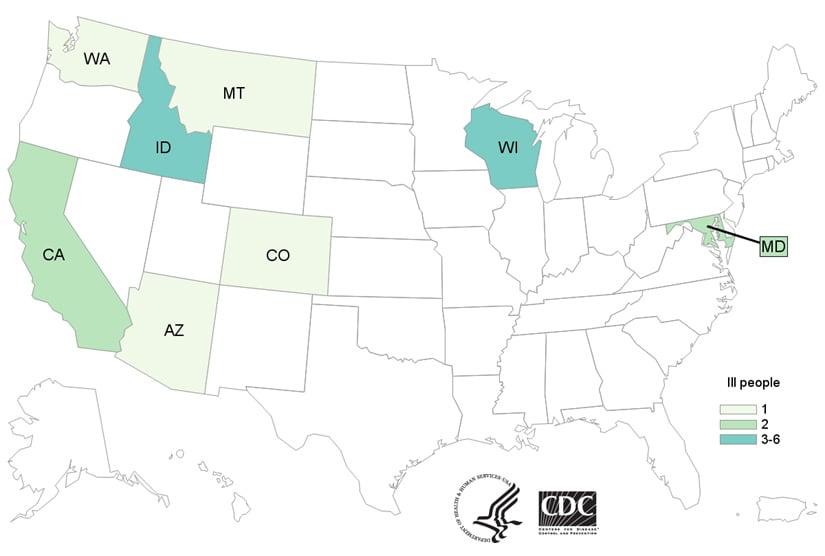 Map of United States - People infected with the outbreak strain of E. coli, by state of residence, as of November 19, 2019