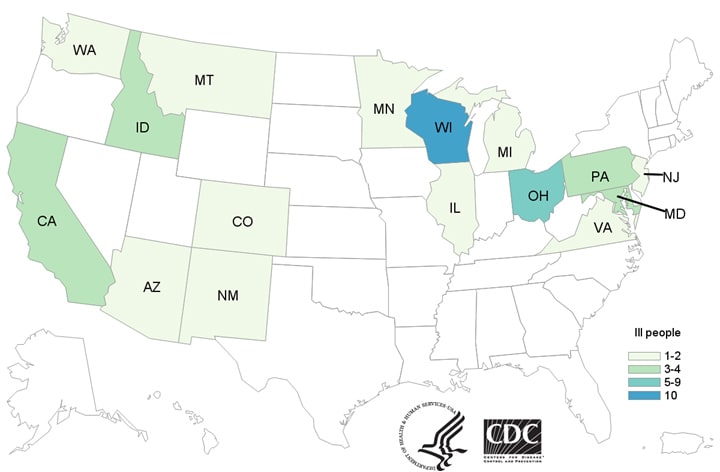 Map of United States - People infected with the outbreak strain of E. coli, by state of residence, as of November 22, 2019