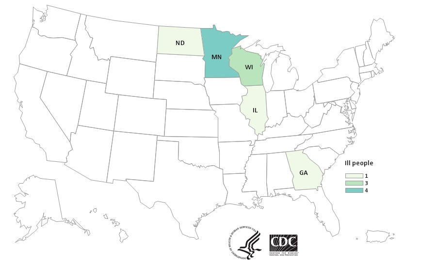 Map of United States - People infected with the outbreak strain of E. coli, by state of residence, as of January 10, 2020.