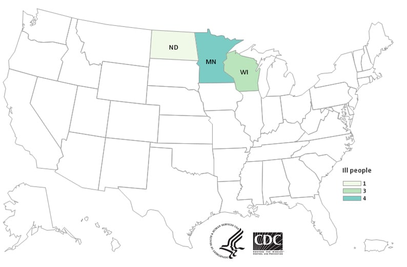 Map of United States - People infected with the outbreak strain of E. coli, by state of residence, as of December 9, 2019