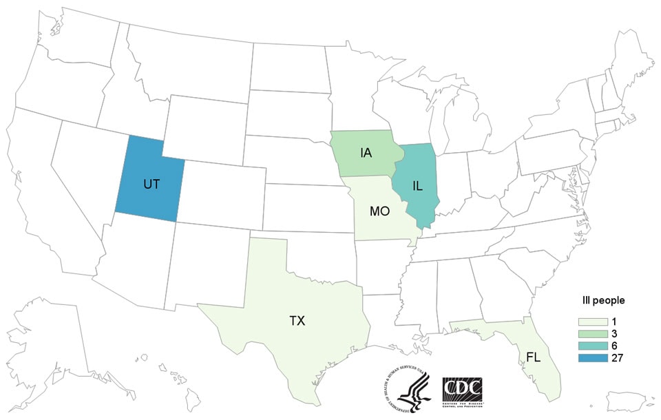 Map of United States - People infected with the outbreak strain of E. coli, by state of residence, as of March 18, 2020