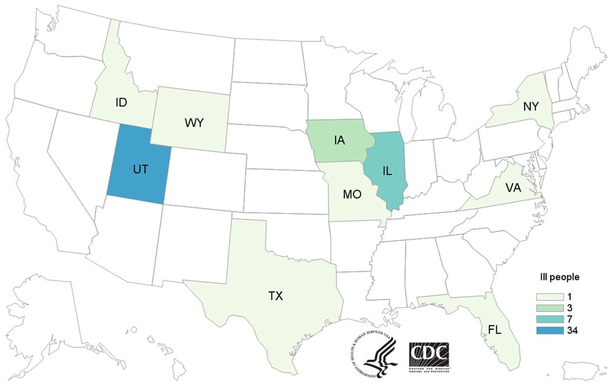 Map of United States - People infected with the outbreak strain of E. coli, by state of residence, as of April 22, 2020