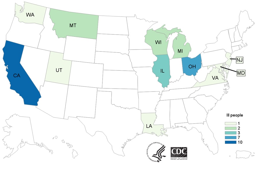 Map of United States - People infected with the outbreak strain of E. coli, by state of residence, as of December 16, 2020