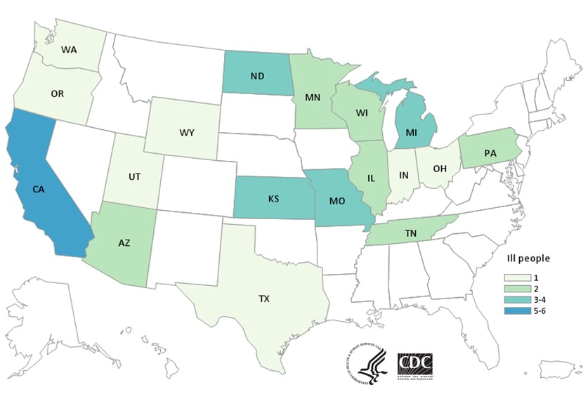 Map of United States - People infected with the outbreak strain of E. coli, by state of residence, as of November 19, 2020