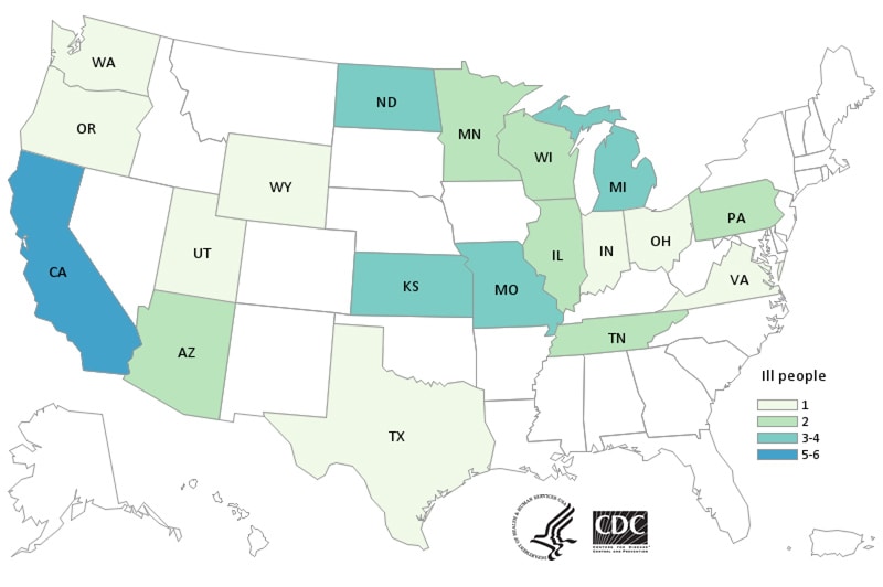 Map of United States - People infected with the outbreak strain of E. coli, by state of residence, as of December 21, 2020