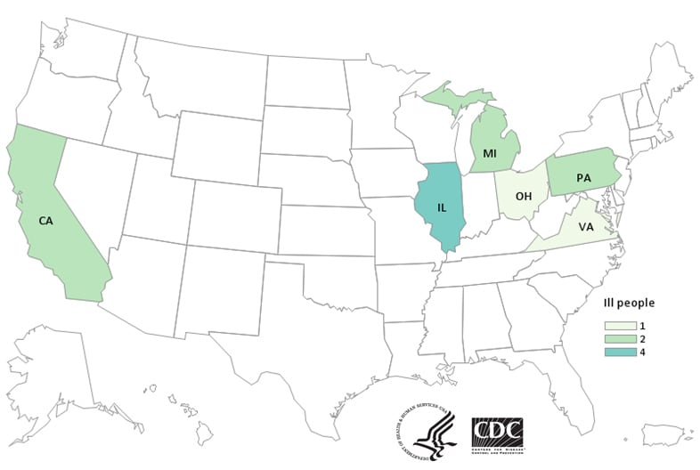 Map of United States - People infected with the outbreak strain of E. coli, by state of residence, as of November 10, 2020