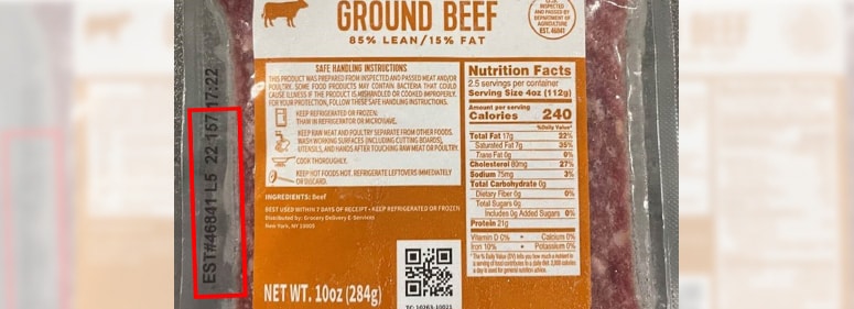 Ground beef label showing lot codes