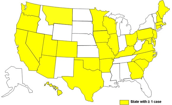 A map of the United States displaying cases of E. coli as of March 1, 2009 to June 22, 2009