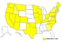 A map of the United States displaying cases of E. coli as of March 1, 2009 to July 31, 2009