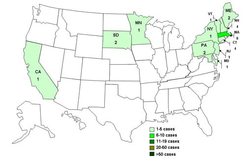 States where persons infected with the outbreak strain of E. coli O157:H7 live, United States, by state, from August 21, 2009 to November 2, 2009