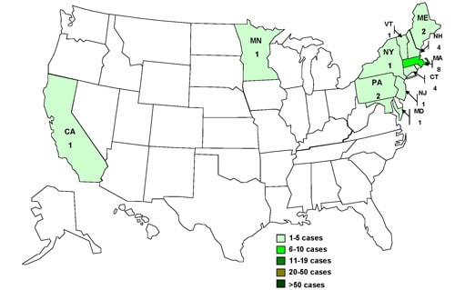 States where persons infected with the outbreak strain of E. coli O157:H7 live, United States, by state, from August 21, 2009 to November 3, 2009