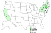 States where persons infected with the outbreak strain of E. coli O157:H7 live, United States, by state, from August 18, 2009 to November 6, 2009