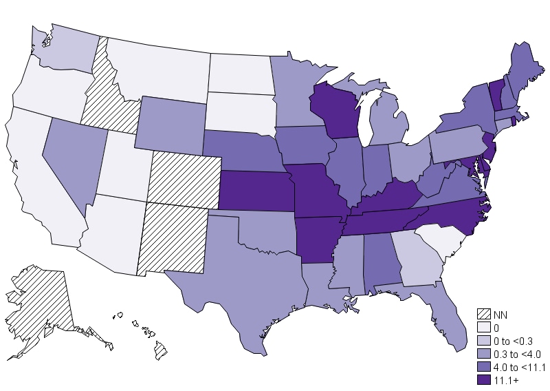 Map of the United States that shows the incidence of ehrlichiosis cases caused by Ehrlichia chaffeensis by state in 2019 per million persons. See table below for data.