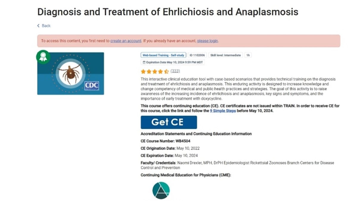 Detail of continuing education website for the diagnosis and treatment of ehrlichiosis and anaplasmosis.