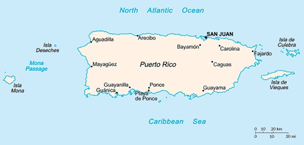 Map of the Commonwealth of Puerto Rico. Nonhuman primates were originally introduced in the southwestern coast, near Guánica.