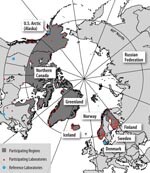 Thumbnail of Figure 2&nbsp;-&nbsp;The International Circumpolar Surveillance system participating regions (dark gray), laboratories (small dots), and reference laboratories (large dots).