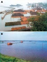 Thumbnail of A) Submerged township houses in the Dongting Lake area due to the flood of 1998. B) An inundated rural area in 1998.