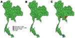 Thumbnail of Gaps in health system resources (oseltamivir tablets) likely to occur for 3 scenarios of prepandemic influenza across provinces, Thailand. A) Scenario 1; B) scenario 2; C) scenario 3.