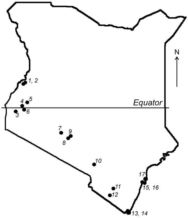 Map of Kenya showing the locations of 17 bat collection sites.