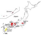 Thumbnail of Map of Japan showing prefectures where human cases of hepatitis E virus have been found. Underlining indicates part of prefecture name included in isolate name; yellow indicates cases in swine; red indicates cases in humans.