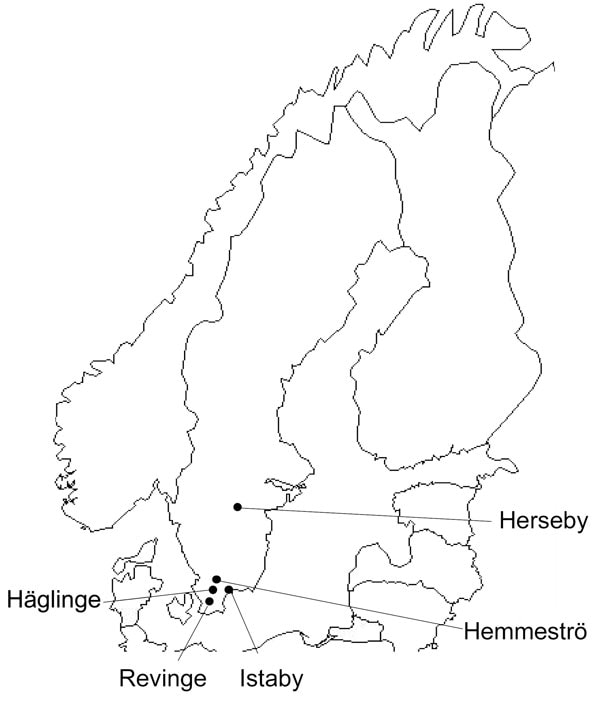 Collection locations for rodents and shrews tested for Candidatus Neoehrlichia mikurensis and Bartonella spp. infections, southern Sweden, 2008. Prevalence of infection: Häglinge, n = 45 infections, 0% Candidatus N. mikurensis, 44.4% Bartonella spp.; Revinge, n = 623 infections, 9.3% Candidatus N. mikurensis, 33.7% Bartonella spp.; Istaby, n = 53 infections, 3.8% Candidatus N. mikurensis, 34% Bartonella spp.; Hemmeströ, n = 64 infections, 4.7% Candidatus N. mikurensis, 39.1% Bartonella spp.; Her