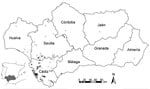 Thumbnail of Spatial distribution of West Nile virus–infected horse herds (gray dots), virus-negative horse herds (white dots), and human cases (black dots) in Andalusia (southern Spain) at the end of 2010.