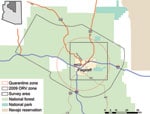 Thumbnail of Flagstaff, Arizona, USA, survey area in relation to quarantine and oral rabies vaccination (ORV) zones.