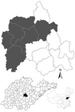 Thumbnail of Location of the villages (gray shading) in Yiyuan County, Shandong Province, China, where human and goat serum samples were collected in study of severe fever with thrombocytopenia syndrome seroprevalence. Maps at bottom show location of Yiyuan County in Shandong Province (left) and Shandong Province in China (right).