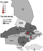Thumbnail of Crimean-Congo hemorrhagic fever cases and tick bite density per 1,000 persons, by rayon, Southern Kazakhstan Oblast, Kazakhstan, 2010.