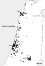 Thumbnail of Patients with imported dengue or chikungunya virus infection living in Aedes albopictus–endemic areas of Israel, 2008–2010. Of the patients with dengue and chikungunya virus disease, 66% (27/41) and 80% (12/15), respectively, lived in disease-endemic areas.