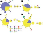 Thumbnail of Minimum spanning trees depicting allele changes within the Bordetella pertussis population, United States, 1997–2009. Multilocus variable number tandem repeat analysis (MLVA) types are represented by circles and are scaled to member count; multilocus sequence typing (MLST) types are represented by color. A) Period 5, 1997–1999, n = 159, the early years of acellular pertussis vaccine (aP) use. B) Period 6, 2000–2002, n = 98. With aP in use, MLVA 27 with the fim3B allele dominated. C)