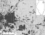 Thumbnail of Map of field sites used for sampling birds in southwest suburban Chicago, Illinois, USA, 2005–2010. Sites consist of residential areas (numbered sites) and urban green spaces (lettered sites). Two residential sites not shown on the map (21 and 22) are ≈20 km north of this region. Box in inset map indicates location of sampling area. Main map shows the landscape gradient of impervious surfaces (National Land Cover Database 2001, US Geological Survey, Sioux Falls, SD, USA): dark gray 