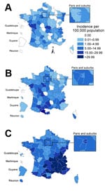 Thumbnail of Evolution of geographic distribution of measles cases during 3 epidemic waves, France. A) October 2008–September 2009; B) October 2009–September 2010; C) October 2010–September 2011. 