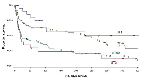 Kaplan-Meier survival distribution, from date of initial sputum collection, stratified by spoligotype (ST1 [Beijing], ST60 [LAM4/KZN], ST34 [S/Quebec] and all others). 