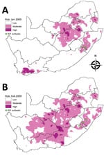 Thumbnail of Risk maps for probability of Rift Valley fever (RVF) outbreaks in different areas of South Africa. A) Map for January 2009 showing subsequent outbreaks in February and March 2009. B) Map for February 2009 showing subsequent outbreaks during April–June 2009.