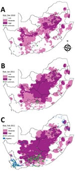 Thumbnail of Risk maps for probability of Rift Valley fever (RVF) outbreaks in different areas of South Africa. A) Map for December 2010 showing subsequent outbreaks in January 2011. B) Map for January 2011 showing subsequent outbreaks in February 2011. C) Map for February 2011 indicating irrigation areas and subsequent outbreaks during March–June 2011.