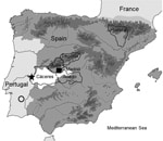Thumbnail of Study site locations in the Iberian Peninsula in which Crimean-Congo hemorrhagic fever virus was detected: Cáceres, Toledo, Segovia, and Huesca Provinces. Square shows presence of CCHFV in humans bitten by a tick, star shows presence of CCHFV in ticks with positive results by PCR, circle indicates region where serum samples positive for CCHFV were detected in Portugal, and white area shows regions in 4 localities (Cáceres, Ávila, and Toledo Provinces and Madrid) in Spain where CCHFV
