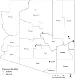 Thumbnail of Exposure location for historic (1973–2014) tickborne relapsing fever outbreaks in Coconino County and 6 current (2013–2018) cases in the White Mountains region, Arizona, USA.