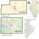 Thumbnail of Tick collection sites associated with 2 cases of Heartland virus infection in humans, Kankakee and Williamson Counties, Illinois, USA, 2019. Locations of the counties are indicated by red dots on the Illinois map.