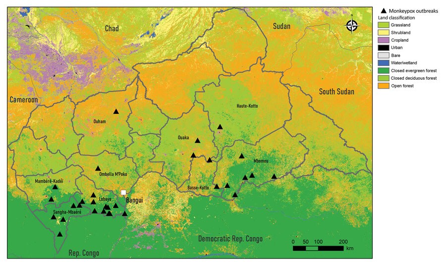 Confirmed outbreaks detected during national monkeypox surveillance, Central African Republic, 2001–2021. Source: Copernicus 2019 Global 100 m Landcover (https://doi.org/10.3390/rs12061044). Rep., Republic.