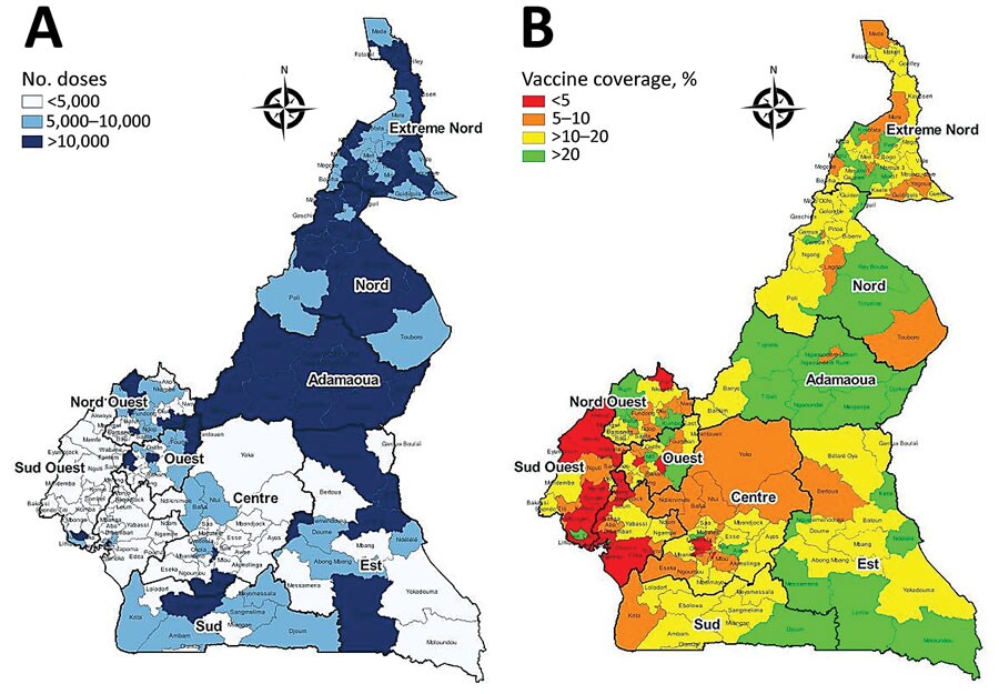 COVID-19 vaccination coverage, by health district, Cameroon, July 2022. A) Number of vaccine doses administered; B) percentage of population that has received >1 vaccine dose. Source: Cameroon Ministry of Health/Expanded Programme on Immunization.
