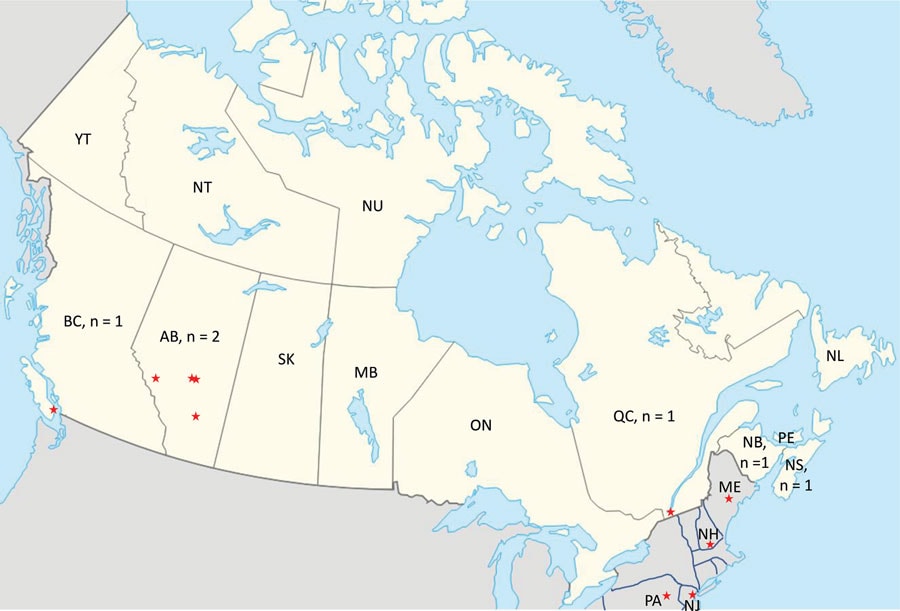 Regions of potential virus exposure in case series of Jamestown Canyon virus infections with neurologic outcomes, Canada, 2011–2016. Red stars indicate regions reported by each symptomatic patient with JCV infection across Canada (yellow area) and northeastern United States (gray area). Numbers indicate the number of case-patients residing in specific provinces of Canada. Some case-patients reported >1 potential exposure sites. Image was adapted from Wikipedia Commons (https://commons.wikimedia.org). AB, Alberta; BC, British Columbia; MB, Manitoba; ME, Maine; NB, New Brunswick; NH, New Hampshire; NJ, New Jersey; NL, Newfoundland and Labrador; NS, Nova Scotia; NT, Northwest Territories; NU, Nunavut; ON, Ontario; PA, Pennsylvania; PE, Prince Edward Island; QC, Quebec; SK, Saskatchewan; YT, Yukon.