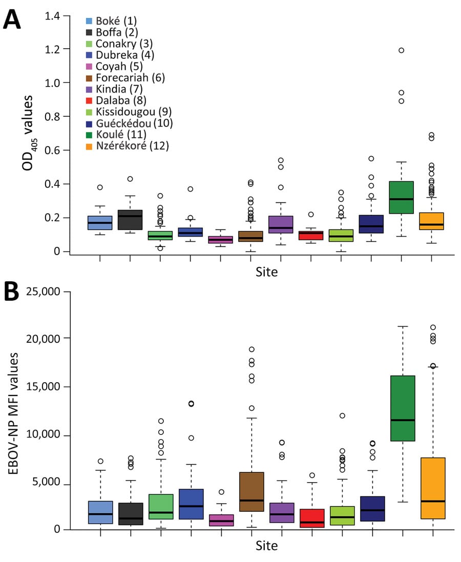 Comparison between results of indirect ELISA and multiplex microsphere immunoassay for EBOV-NP in study of geographic disparity in domestic pig population exposure to Ebola viruses, Guinea, 2017–2019. A) Boxplot of OD values at 405 nm (OD405) obtained by ELISA by site (n = 888 pig serum samples). B) Boxplot of MFI values obtained by multiplex microsphere immunoassay (n = 882 pig serum samples). Locations in key correspond to locations on map in Figure 3. EBOV, Zaire Ebola virus; MFI, mean fluorescence intensities; NP, nucleoprotein; OD, optical density.