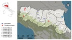 Geographic origin of group B Streptococcus bacterial isolates from pigs (Sus scrofa) and porcupines (Hystrix cristata) in Emilia Romagna region, northern Italy. Numbers indicate bacterial isolate for each diagnostic submission based on host and sequential number: GBS, group B Streptococcus; H, H. cristata; S, S. scrofa. Inset shows location of the region