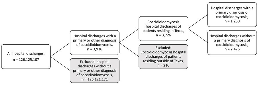 Inclusion and exclusion criteria for study of coccidioidomycosis-related hospital visits, Texas, USA, 2016–2021. Analytic study of patient medical records was conducted to assess prevalence of inpatient and outpatient hospital visits by persons with a coccidioidomycosis diagnosis in Texas. Codes from the International Classification of Diseases, 10th revision, Clinical Modification, were used for diagnoses and included codes B38, B38.0, B38.1, B38.2, B38.3, B38.4, B38.7, B38.8, B38.81, B38.89, and B38.9. Shaded boxes indicate numbers of excluded discharge records and reasons for exclusion from the study. Final analytic study sample was categorized into 2 groups according to clinical diagnostic characteristics.