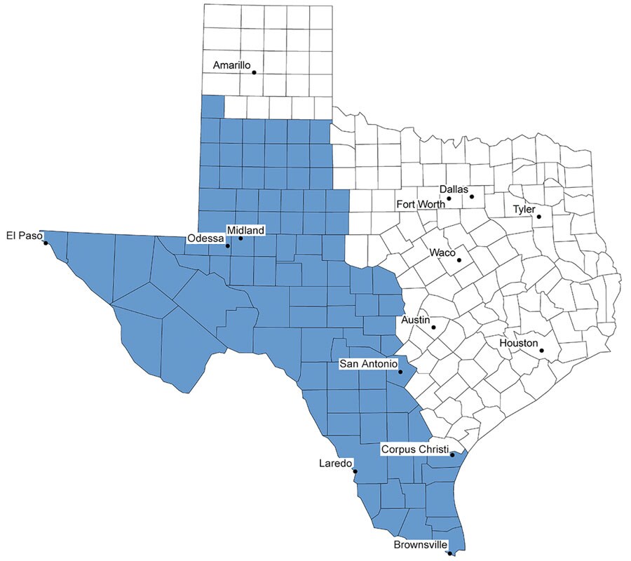 Estimated endemic region of Coccidioides spp. fungi in study of coccidioidomycosis-related hospital visits, Texas, USA, 2016–2021. Valley fever region, an estimated 96-county area of Texas determined by using Centers for Disease Control and Prevention Valley fever maps (5) spatially overlaid on a Texas county map. Any county that fell within the estimated area was designated as a Valley fever region (blue shading). 