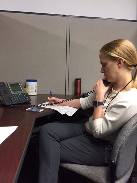  EIS officer Amelia Keaton, MD, MSc, conducts a phone interview with a patient during the outbreak investigation