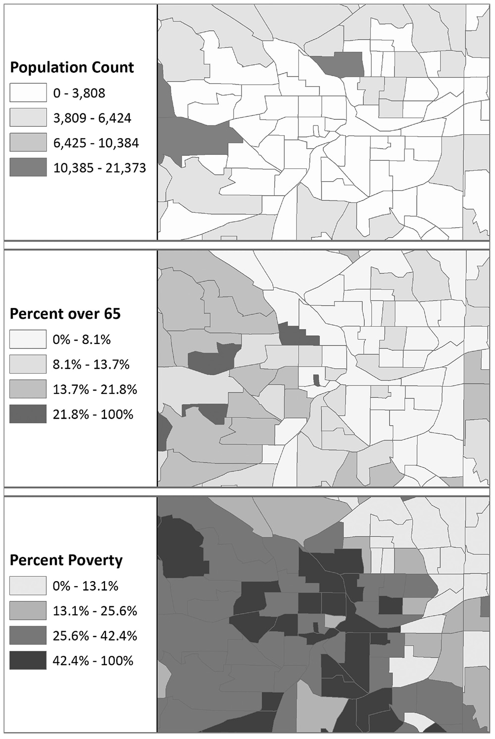 Determining populations and population characteristics. Geographic information system methods provide the means for determining population estimates within specific geographic areas for populations of particular interest. In these maps, population count, percentage of people 65 years old, and percentage of people in poverty based on 2014 American Community Survey Estimates are shown by census tract.
